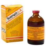 An image showcasing Swamycin LA, a veterinary product for the treatment of conditions caused by Oxytetracycline susceptible organisms. The packaging of Swamycin LA is displayed, featuring the product name, dosage, and composition information. The image highlights the professional and trusted nature of the product.