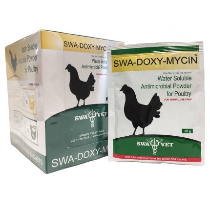 An image displaying Swa-Doxy-Mycin, a water-soluble antimicrobial powder for poultry treatment. The packaging of Swa-Doxy-Mycin is shown, featuring the product name, dosage, and composition details. The image highlights the professional and reliable nature of the product, designed to support poultry health and combat bacterial infections.