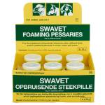 An image displaying SWAVET Foaming Pessaries, a treatment solution for bacterial infections after difficult birth and retained placenta in cows, sows, and ewes. The packaging of SWAVET Foaming Pessaries is shown, featuring the product name and dosage information. The image highlights the professional and reliable nature of the product, designed to support animal health and aid in recovery.