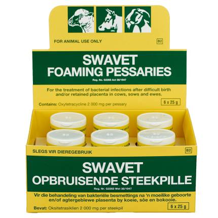 An image displaying SWAVET Foaming Pessaries, a treatment solution for bacterial infections after difficult birth and retained placenta in cows, sows, and ewes. The packaging of SWAVET Foaming Pessaries is shown, featuring the product name and dosage information. The image highlights the professional and reliable nature of the product, designed to support animal health and aid in recovery.