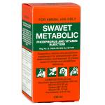 An image displaying SWAVET Metabolic, a supportive vitamin and phosphorus supplement for animals. The packaging of SWAVET Metabolic is shown, featuring the product name and dosage information. The image highlights the professional and reliable nature of the product, designed to address deficiencies and promote optimal health in animals.