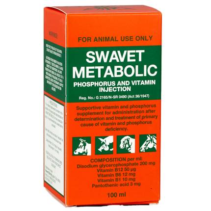 An image displaying SWAVET Metabolic, a supportive vitamin and phosphorus supplement for animals. The packaging of SWAVET Metabolic is shown, featuring the product name and dosage information. The image highlights the professional and reliable nature of the product, designed to address deficiencies and promote optimal health in animals.