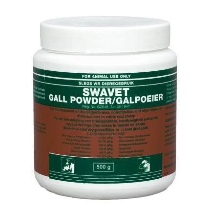 An image showcasing SWAVET Gall Powder, a treatment solution for dry gall sickness, constipation, and digestive disturbances in cattle and sheep. The product packaging is displayed, featuring the product name, dosage instructions, and composition details. The image highlights the professional and reliable nature of the product, designed to support digestive health in livestock.