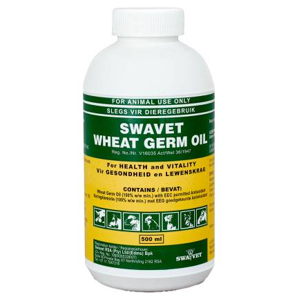 An image showcasing SWAVET Wheat Germ Oil, a premium supplement for enhancing health and vitality in animals. The product packaging is displayed, featuring the product name, dosage instructions, and composition details. The image highlights the professional and reliable nature of the product, designed to support the overall well-being of animals.