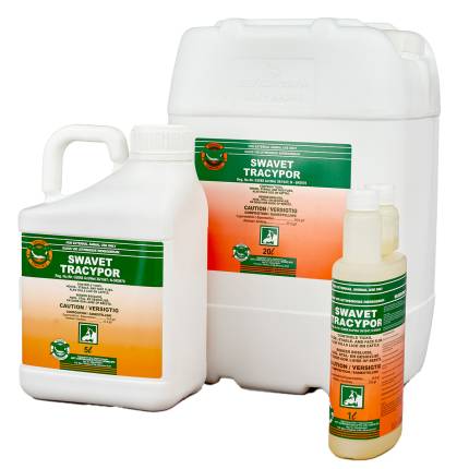 An image showcasing SWAVET Tracypor, a powerful solution for controlling ticks, flies, and lice on cattle. The product packaging is displayed, featuring the product name, dosage instructions, and composition details. The image highlights the professional and reliable nature of the product, designed to effectively manage parasites and promote the well-being of cattle.
