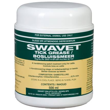 A photo showcasing SWAVET Tick Grease, a hand-dressing solution for controlling ticks on cattle. The product packaging is displayed, featuring the product name, dosage instructions, and composition details. The image highlights the professional and reliable nature of the product, designed to effectively manage tick infestations and promote the well-being of cattle.