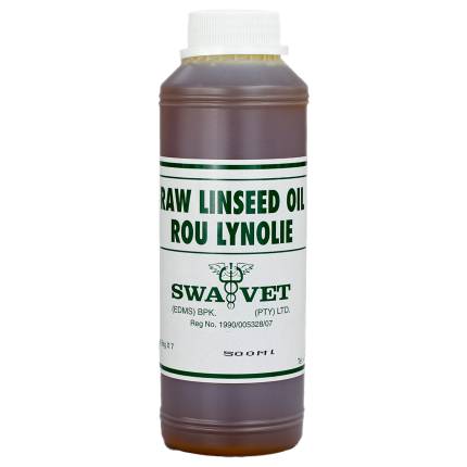 A bottle of SWAVET Raw Linseed Oil, a natural and high-quality product for ruminant animal health and vitality.