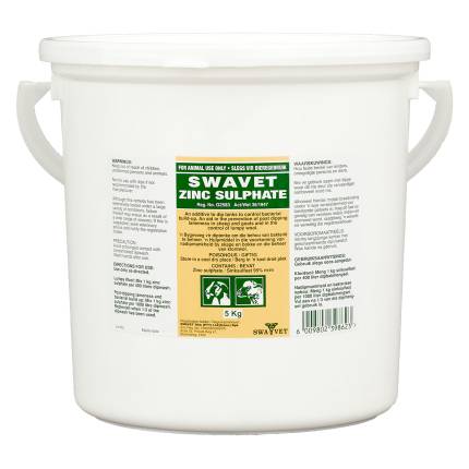 SWAVET Zinc Sulphate - Control bacterial build-up in dip tanks. Prevent lameness in sheep and goats. Available in 1kg, 5kg, and 25kg packaging.